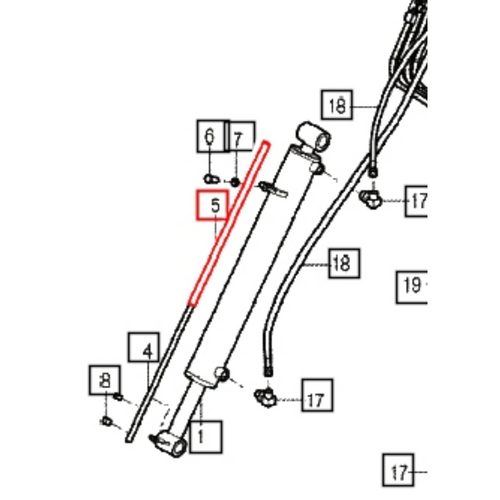 Mahindra bucket level indicator outer guide tube 86603000300 / 86603000301 shown as a straight metal tube mounted beside the loader arm, with the inner rod passing through it to visually indicate bucket level on compatible Mahindra/TYM loaders.