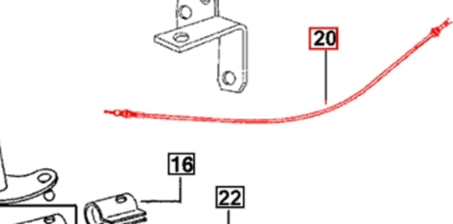Mahindra 005556799R91 hand accelerator throttle cable for 3505 and 5005 tractors, connecting the dash hand throttle to the engine linkage for speed and fuel shutoff control.
