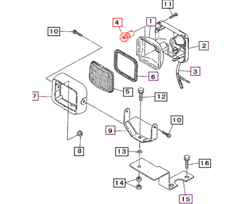 Mahindra 12V 23W bulb 09808122304 for 15 Series, 16 Series and Max tractors, OEM replacement lamp used in work lights, bonnet lights and safety device indicators across multiple compact tractor models.