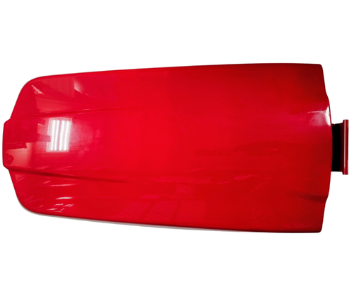 Mahindra hood assembly 12626022000MR shown as a painted red steel hood shell with integrated grille opening and side contours that hinges at the front of Mahindra 2538, 2540, 2545, 2638 and 2645 tractors to cover the engine compartment.