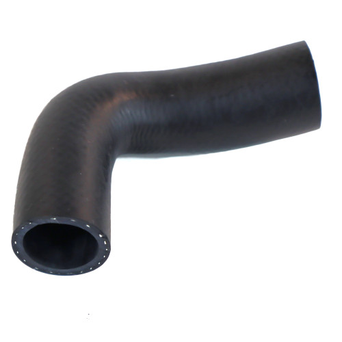 Mahindra hydraulic hose 15265150020 shown as a molded elbow hose with dissimilar‑size crimped fittings on each end, used between the hydraulic suction strainer and hard line on Mahindra 4110 and 4510 tractors to feed oil to the hydraulic pump.