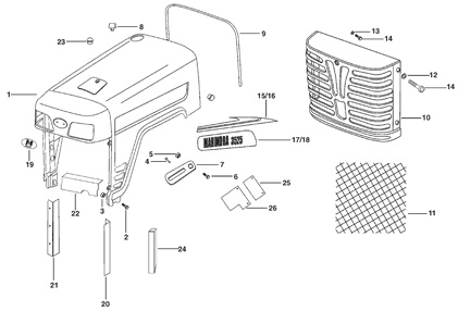 Mahindra hood decal new styling left hand E005559213R1 for 3325 3525 5525 6525 4565 tractor hood and radiator grille Or Mahindra hood decal new styling right hand 005559214R1 for 3325 3525 3825 5525 6525 4565 tractor hood and radiator grille – Choose Your Side