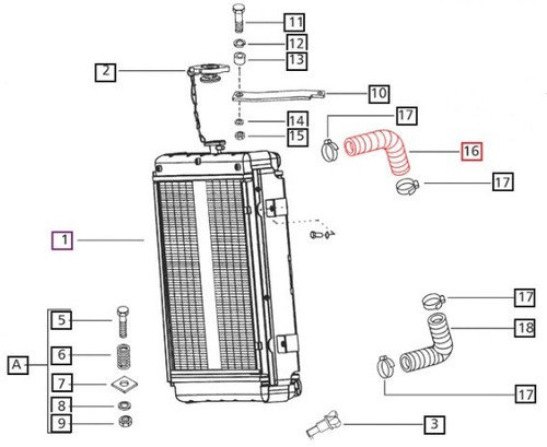 Mahindra upper radiator hose 005555509R1 shown as a molded black rubber coolant hose with two different‑angle bends that routes from the engine outlet/thermostat housing up to the radiator inlet on Mahindra 05, 25 and C Series tractors.