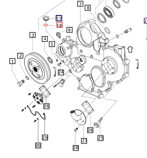Mahindra hydraulic O‑ring 007202179D1 (approx. 47.29 x 2.62 mm) used as a suction line and crankcase front cover seal on multiple Mahindra 20, 25, 30, 35, 45, 50, 55, 60, 2500, 2600, 3500, 3600, 5100, 6000 and mPower 75/85 tractors. Sold Per Each.