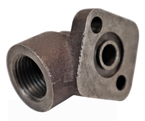 Mahindra hydraulic pump pressure manifold 000051565D01 / 001121364R4 / 001121364R2 small block manifold that mounts to the pump outlet and feeds the hydraulic pressure pipes on select 00, 05, 25, 30, 4500, 5500 and C Series tractors.