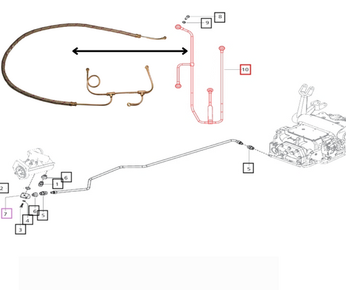 Mahindra E007205688C2 flexible hydraulic rockshaft lubrication tube, replaces 007202320C1, E007202320C1, E007202731C11 and E007205688C1 on 4025, 4530, 4540, 4550 and 5545 tractor three‑point hitch lubrication circuits.