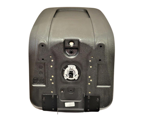 Mahindra seat assembly S756493B XB180 black with Mahindra logo for Max 22/24/26/28 and eMax 22/25 tractors and as replacement for 280516309 and S756461A seats on many 15 and 16 Series compact tractors; high-back vinyl suspension seat, dimensional shipping 69.99.