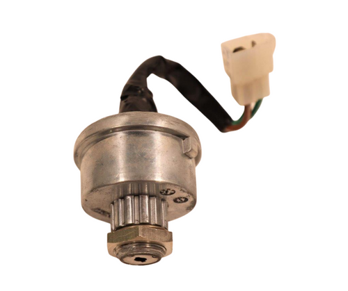 Mahindra ignition starter key switch 007701402C92 shown as a multi‑position rotary switch with threaded mounting body and rear electrical terminals used on 5145/5155, 6065/6075, 7085/7095 and 8090/8100 tractors to control key‑on power and starter engagement, with the key supplied separately.