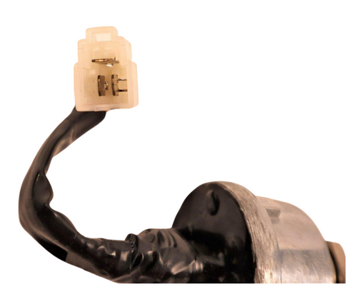 Mahindra ignition starter key switch 007701402C92 shown as a multi‑position rotary switch with threaded mounting body and rear electrical terminals used on 5145/5155, 6065/6075, 7085/7095 and 8090/8100 tractors to control key‑on power and starter engagement, with the key supplied separately.