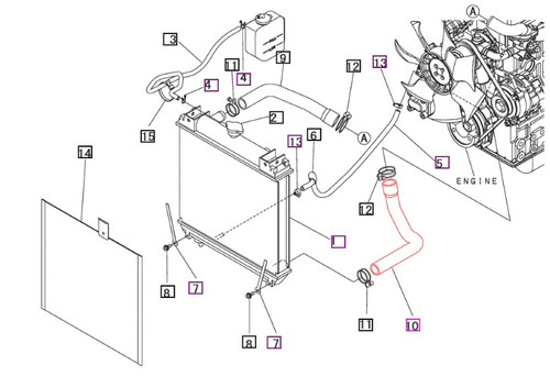Mahindra lower radiator hose 19570418000 / 19570418001 for 2815, 3215, 3316, and 3616 tractors, molded OEM lower cooling hose that connects the radiator bottom outlet to the engine block inlet.