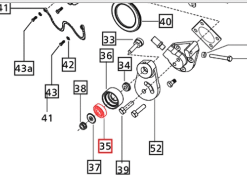 Mahindra idler bearing 006008401F1 shown as a round sealed ball‑bearing style idler pulley that bolts to the engine front cover and guides the air‑conditioning/accessory drive belt on various Mahindra cab tractors.