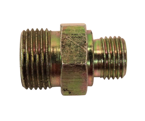 Mahindra adaptor 000051410D01 for PLR ports on the hydrostatic steering unit shown as a small threaded steel steering fitting used to connect power steering pipes and hoses on Mahindra 25, 30, 35, 20, 60, 4500, 5500, 3500, 3600, 7060, 7520, 8560 and mPower Series tractors.