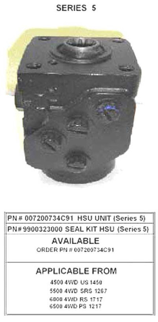 Mahindra Series 5 hydrostatic steering unit 007200734C91 E007200734C91 with three hydraulic ports in a straight row and female steering shaft input for 3525 4025 4500 4525 4530 5500 5525 5530 6000 6025 6030 6500 6530 tractors.