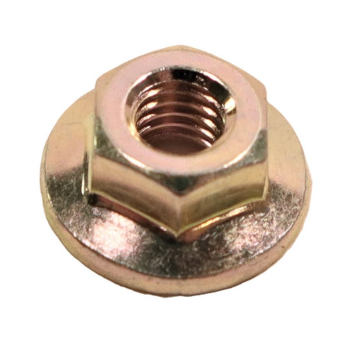 Mahindra flange nut F3000106011 shown as a small serrated hex flange nut used for battery hold down clamps and related frame/electrical mounting points on Mahindra 15, 16, 1500, 1600 and Max Series tractors including 1815, 2015, 2216, 2415, 2516, 2615, 2815, 2816, 3015, 3016, 3215, 3316, 3616, 1526, 1533, 1538, 1626, 1635, 1640, Max 22, Max 24, Max 25, Max 26 XL and Max 28 XL.