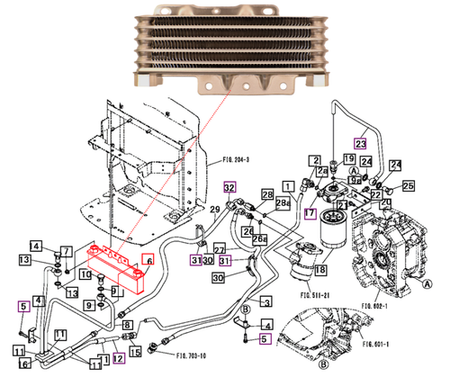Mahindra OEM hydraulic oil cooler 19632556000 for 15, 16, Max and Max XL HST tractors cools the hydrostatic and hydraulic oil as it returns to the tank, protecting pumps, motors and valves during loader and mower work in hot conditions.