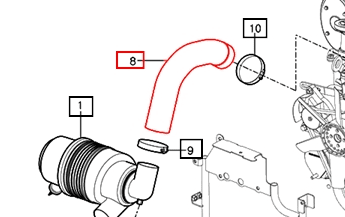 Mahindra 12621030020 air inlet hose for 2500 Series 2540 Gear T4 tractor, OEM black rubber air cleaner intake hose from engine accessories AIR CLEANER group, reference number 008.