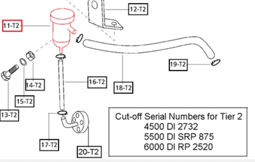 Mahindra PCV / oil separator 006002227B1 mounted on the valve housing cover to separate oil from crankcase vapors on 3505 3325 3525 3825 4025 4525 5035 5525 6025 5520 6520 5530 6030 6530 4500 5500 6000 6500 5545 4540 4550 8560 2540 2538 2545 2638 2645 1640 3640 3650 1533 1538 2555 2655 2660 2670 tractors.