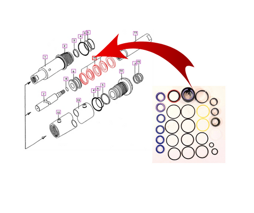 Mahindra power steering hydraulic cylinder seal piston combokit 005554347COMBOKIT for original steering cylinder on 05 Series 485 575 3505 4005 4505 5005 tractors, universal kit with extra seals to cover multiple cylinder versions.