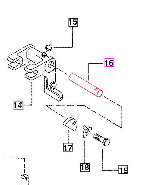 Mahindra bellcrank pin 001121062R1 and top link crankshaft 001121062R2 for three-point hitch top link crank secured with DKLP200 linchpin on 05 and 25 Series tractors.