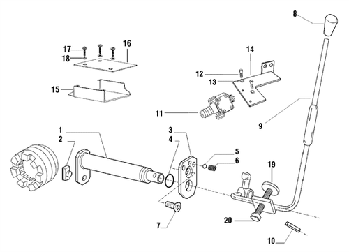 Mahindra PTO lever 006502472C1 external control handle for engaging and disengaging the PTO on 4WD 00 Series 4500 5500 6000 and 6500 tractors in the PTO outer controls assembly.