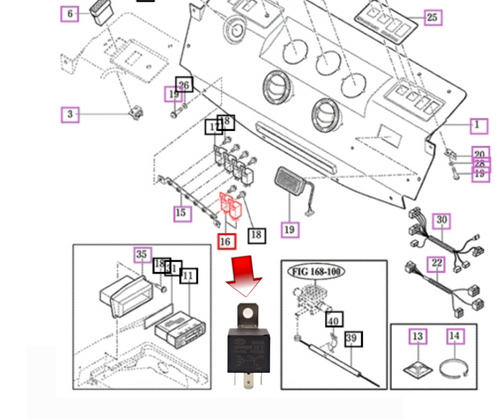 Mahindra 5‑pin relay 11616212900 (replacing 15606642103, 15606642110, 14946212901, 14946212900) for Mahindra 10, eMax, eMax L, eMax 20S, 2500, and 2600 Series tractors, used in electric system, wiper, accelerator, air cleaner, and cabin harness circuits as an OEM control relay.