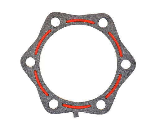 Mahindra PTO seal retainer plate 000031230B12 with gasket 006502876C2 used to retain the rear PTO oil seal on the PTO shaft and operating lever housing for multiple Mahindra utility tractor models.