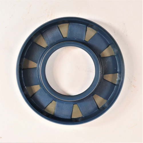 Mahindra rear PTO shaft seal 006505638D1 shown as a circular rubber‑coated metal oil seal that presses into the rear PTO housing and fits tightly around the splined PTO shaft on 35, 3500 and 3600 Series tractors to keep transmission/hydraulic oil from leaking out the back of the tractor.