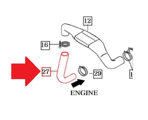 Mahindra 14511033000 air inlet hose is the OEM intake hose used on 4510 Cabin T2 and T4 tractors, mounted between the cab/chassis air intake and the air cleaner housing in the AIR CLEANER assembly (ref. 27), ensuring a sealed path for clean intake air to reach the engine.