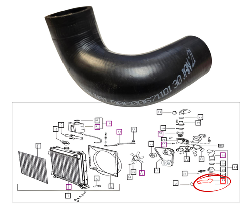 Mahindra lower radiator to block heater hose 006006711D1 for cooling system on 3535, 4035, 4535, 5035, 3540, 3550, 3640 and 3650 tractors.