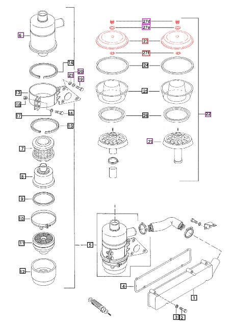 Mahindra air pre-cleaner top cover 001099986R11 shown as a round domed plastic/metal top that clamps onto the tractor’s air pre-cleaner bowl to shield the intake from rain and debris on Mahindra 05 Series engines, while 006001242R1 appears as the flat top cap on the main wet air cleaner body used on 05 and 25 Series tractors.