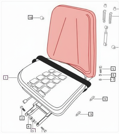 Mahindra replacement seat upper back kit 008000177B1 for repairing the backrest on early 4500 5500 6000 6500 C27 C35 3505 E350 C4005 5005 3325 3525 5525 6025 3825 4025 4525 475 485 and 575 DI tractors with sliding seats.