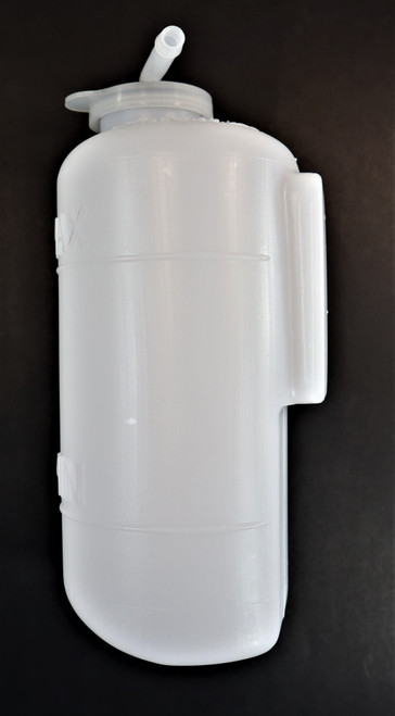 Mahindra coolant reserve tank 16003302101 shown as a translucent plastic overflow reservoir with molded mounting tabs and hose nipple, used beside the radiator on eMax20S, 10 Series, 2500 Series and 2600 Series tractors to capture expanding coolant and return it to the system as the engine cools.