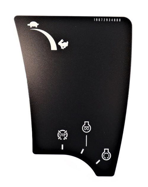 Mahindra RH dash panel decal 19672934000 shown as a pre‑cut adhesive graphic for the right side of the dashboard on Mahindra 2015, 2615, 3015, 2216 and 2816 tractors, with printed icons and text matching the original factory dash layout.