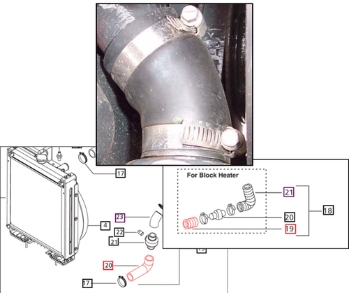 Mahindra short lower radiator outlet hose 006001628B3 for block heater connection between radiator and engine block on 3325 3505 E350 3525 3825 4025 4525 4540 4550 C27 and C35 tractors.