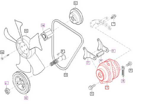 Mahindra alternator assembly E6213-64012 E621364012 for eMax T4 Series 22 and 25 compact tractors, shown as a 12V OEM alternator used in the engine dynamo group on eMax 22 Gear, 22 HST, 25 HST, 22 Steel Gear, 22 Steel HST and 25 Steel HST models.