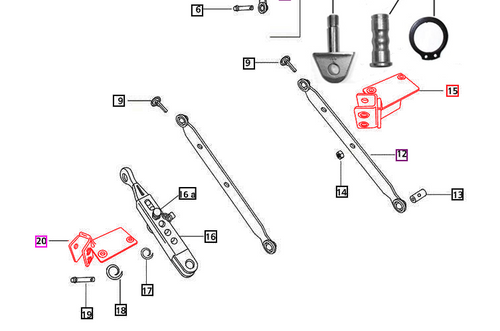 Mahindra left-hand and right-hand complete check chain brackets E005558695R91 and 005558696R91 that mount the 3-point hitch check chains/stabilizers on 25 Series and 4500 Series tractors.