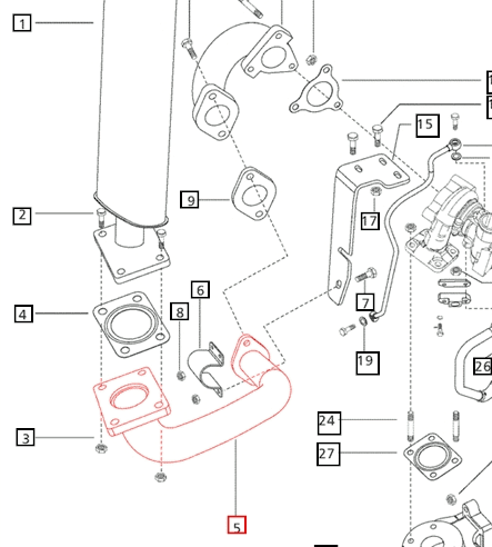 Mahindra stub pipe E006005646F1 for muffler on Mahindra 30 Series 5530 6030 and 6530 tractors, turbocharger exhaust pipe that connects the turbo outlet to the vertical muffler in the engine exhaust system.
