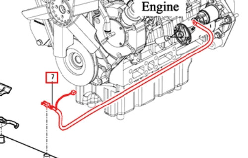 Mahindra positive battery cable assembly 14696502000 shown as a heavy red cable with molded terminal for the battery post and starter lug on the opposite end, used to carry cranking and charging current on Mahindra 2500 and 2600 Series tractors.