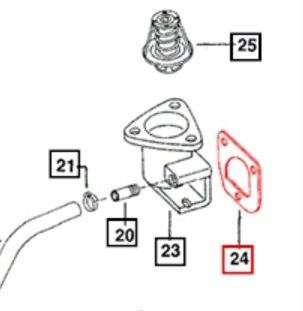 Mahindra thermostat housing gasket 001233545R1 for 475 485 575 3325 3505 3525 3825 4005 4505 4525 4540 4550 5005 C27 C35 and E350 tractors, flat cut gasket that fits between the thermostat housing and engine to seal engine coolant and stop leaks around the thermostat.