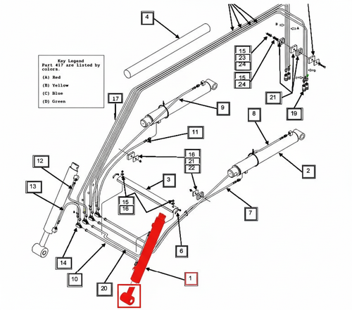 Mahindra loader bucket tilt cylinder KMW31502159 replacing KMW31502135 for KMW-1538 KMW-1635 KMW-ML1640 ML115 ML115SK and ML116SK loaders on 1533 1538 1635 1640 3016 and 3616 tractors