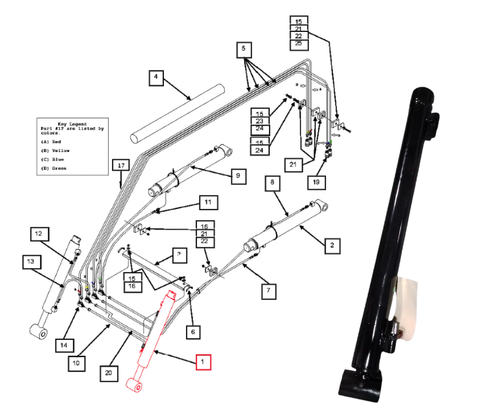 Mahindra loader bucket tilt cylinder KMW31502159 replacing KMW31502135 for KMW-1538 KMW-1635 KMW-ML1640 ML115 ML115SK and ML116SK loaders on 1533 1538 1635 1640 3016 and 3616 tractors