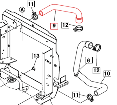 Mahindra upper radiator hose 19450616000 for 3016 1526 and 1626 compact tractors, molded rubber coolant hose connecting the engine outlet to the radiator inlet to circulate coolant through the engine cooling system.