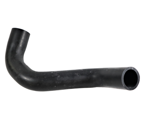 Mahindra upper radiator hose 19680433000 shown as a pre‑formed black rubber hose with curved ends that connects the engine outlet/thermostat housing to the radiator inlet on Mahindra 2615 Gear and 2615 HST 4WD tractors.