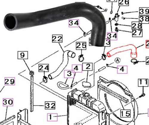 Mahindra upper radiator hose 19680433000 shown as a pre‑formed black rubber hose with curved ends that connects the engine outlet/thermostat housing to the radiator inlet on Mahindra 2615 Gear and 2615 HST 4WD tractors.