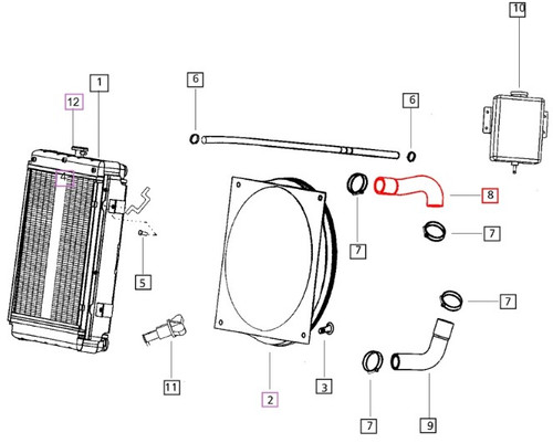 Mahindra upper radiator hose 006000603F1 for 5520 6520 and 7520 2WD and 4WD tractors, heavy-duty rubber coolant hose that connects the engine to the top of the radiator to circulate engine coolant.