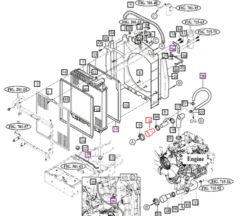 Mahindra upper radiator inlet hose 12601040101 for 6010 HST Cabin and 6110 Gear Cabin tractors, molded rubber coolant hose that connects the engine outlet to the radiator inlet in the cooling system.