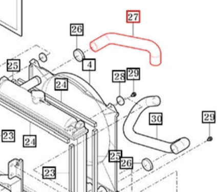 Upper radiator inlet hose 11201040011 11201040010 for Mahindra eMax 22 gear, eMax 22 HST, and eMax 25 HST tractors connecting the engine outlet to the radiator in the cooling system.