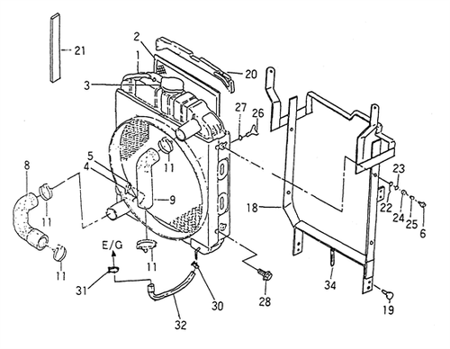 Upper radiator inlet hose 13001010021 for early Mahindra 2810 4WD Gear tractors with old sheet metal connecting the engine outlet to the radiator.