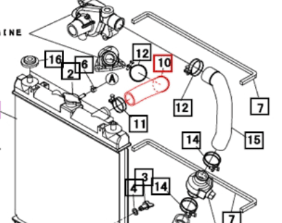 Mahindra upper radiator hose 19480623000 for 1533 1538 and 1640 Series tractors, molded rubber coolant hose connecting the engine outlet to the top of the radiator in the cooling system.