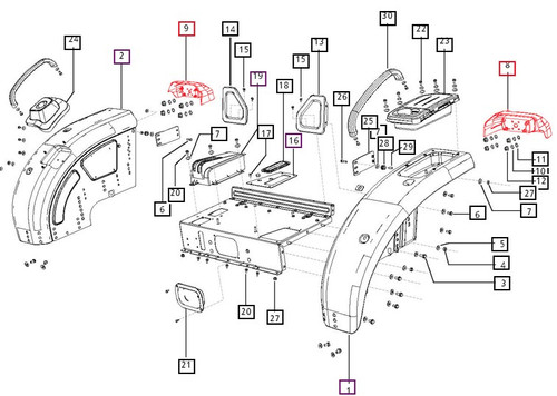 Mahindra E007531402D1 left hand and E007531403D1 right hand red plastic tail lamp covers for 35 and 3500 Series tractors like 3535, 4035, 4535, 5035, 3540 and 3550 on fender and rear platform assemblies.